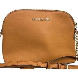 Michael Kors Small Dome Crossbody Bag Purse Tan Saffiano Leather Gold Tone Chain